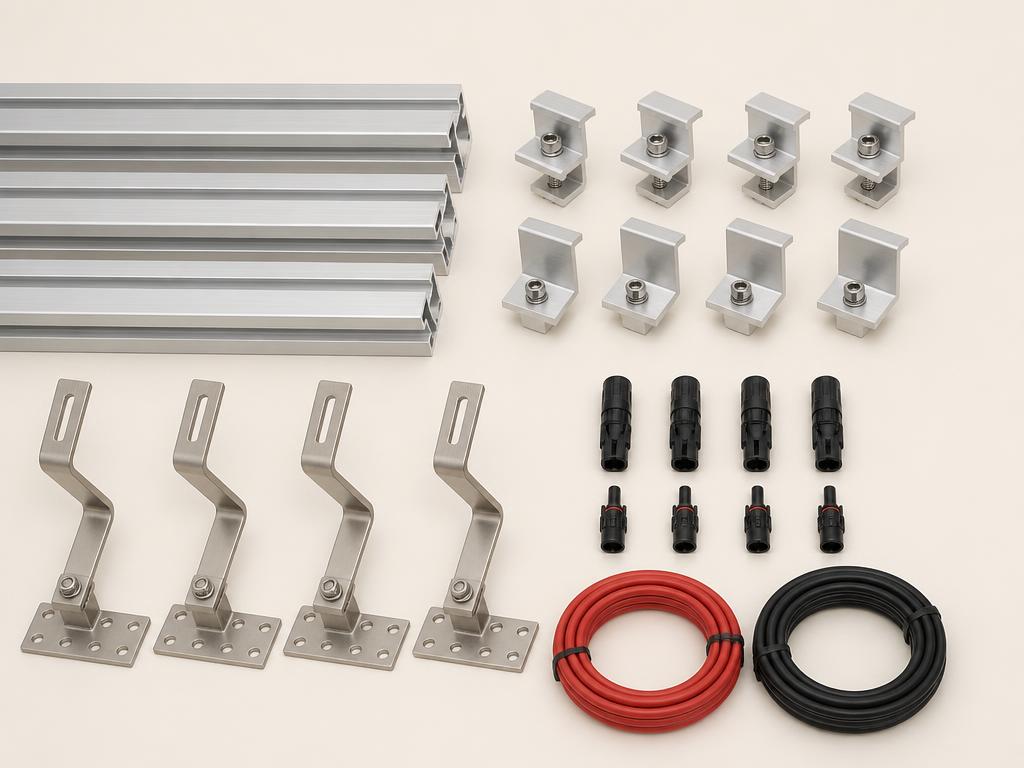 Solar mounting rails, clamps, hooks and cabling